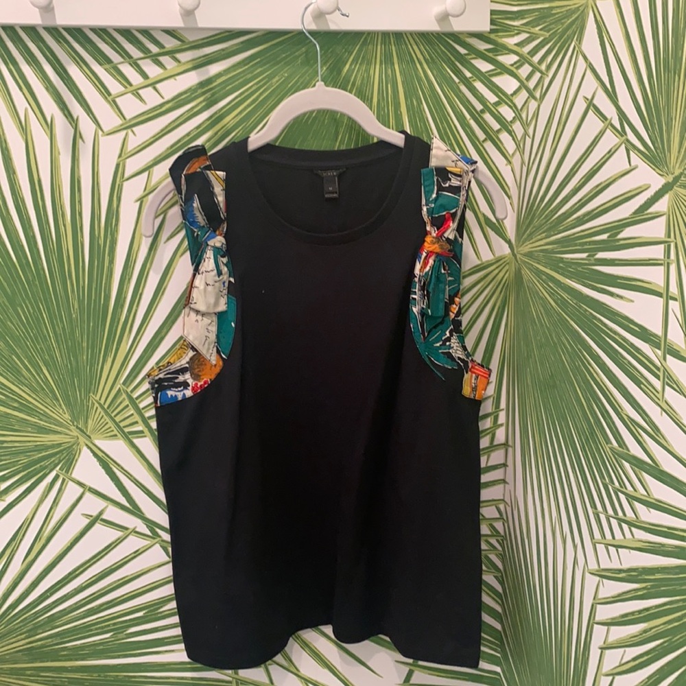 J Crew black tank with palm graphic detail